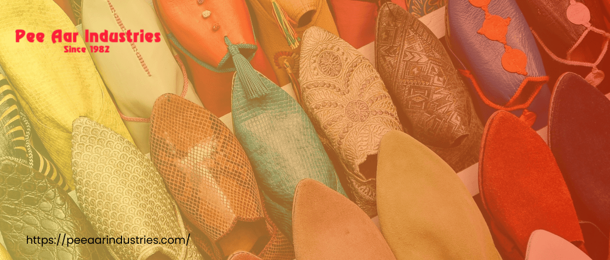 Colorful traditional footwear display by Pee Aar Industries since 1982.