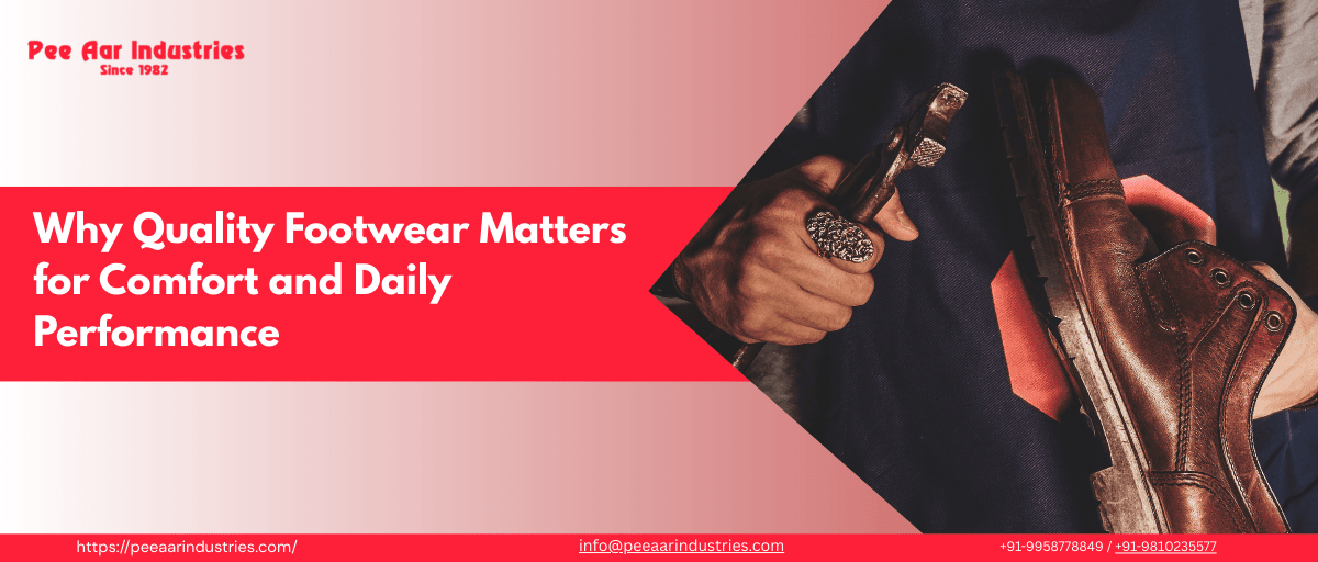 Pee Aar Industries banner showing handcrafted leather shoe and quality footwear message